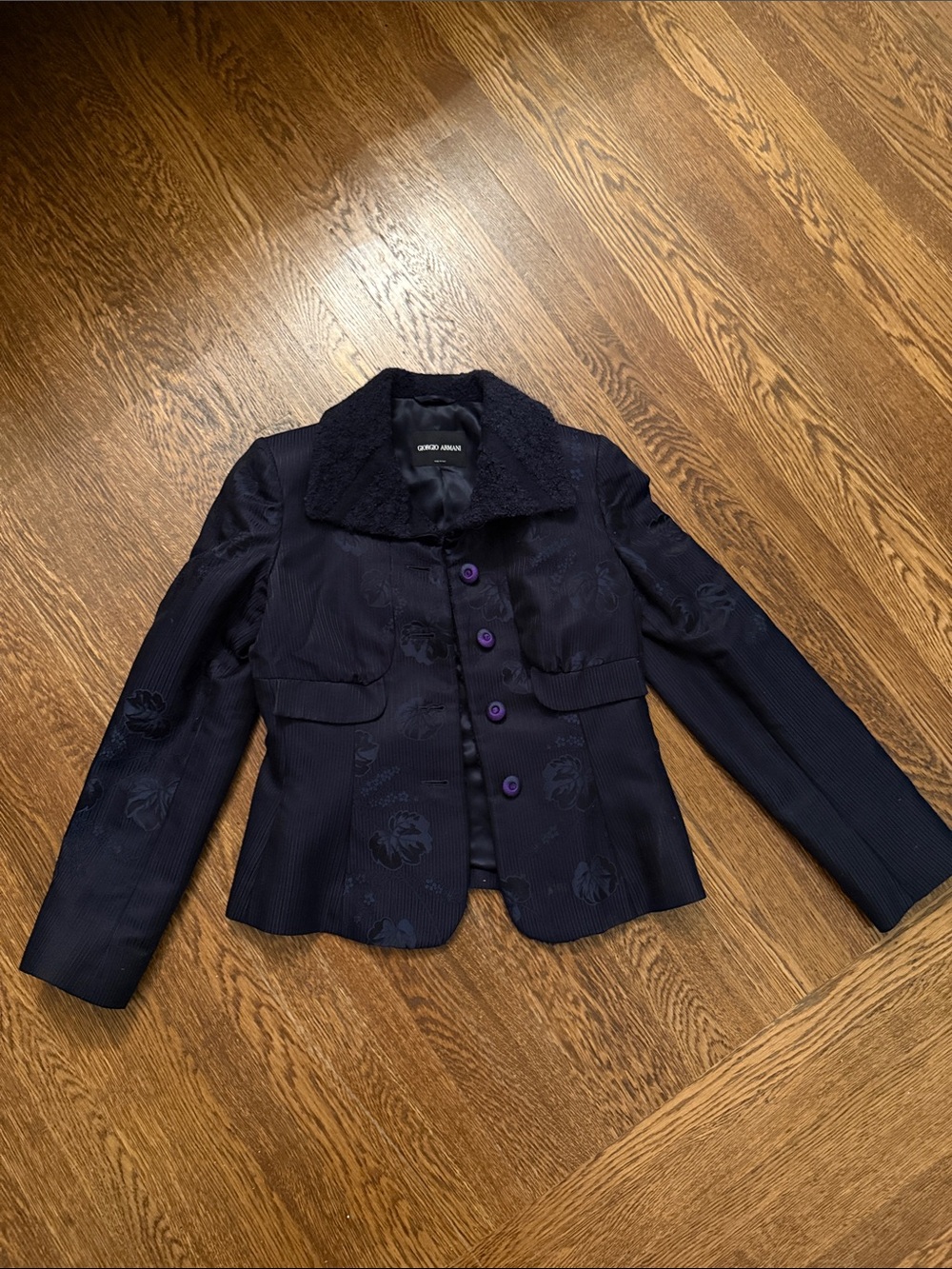 Giorgio Armani Dark Navy Brocade Floral Blazer with Purple Threaded Buttons